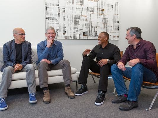Apple's Jimmy Iovine, Tim Cook, Dr. Dre, and Eddy Cue. Apple Buys Beats and Hires Dr. Dre.