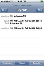 Recent map searches screen