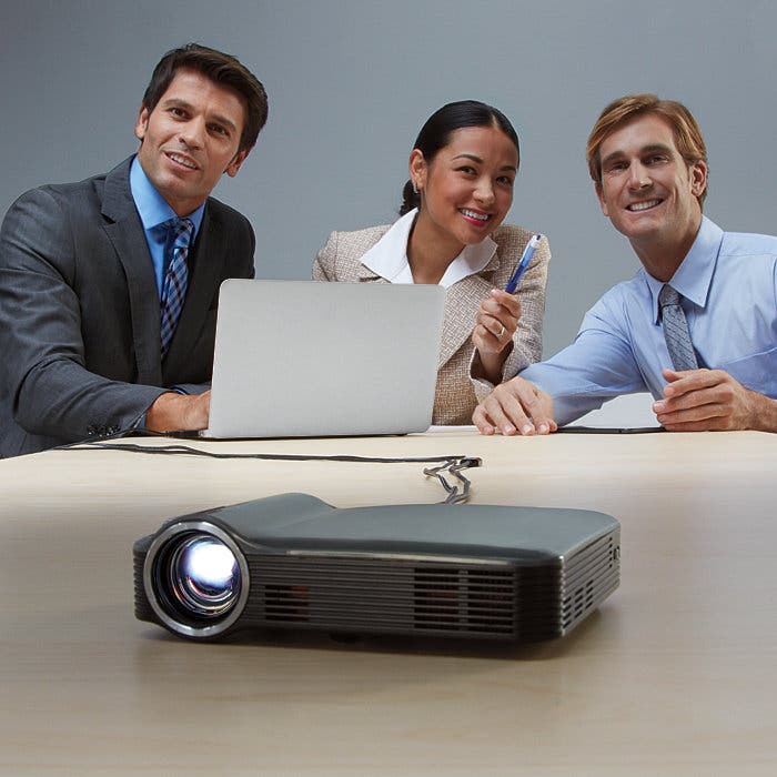 Mirror Your iDevice on a 115-Inch Screen With The Brookstone HDMI Pocket Projector Pro.