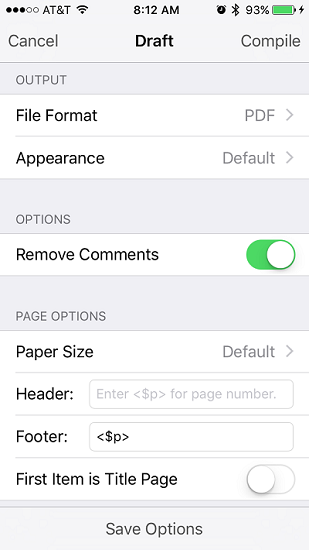 Scrivener iPhone Compile Options