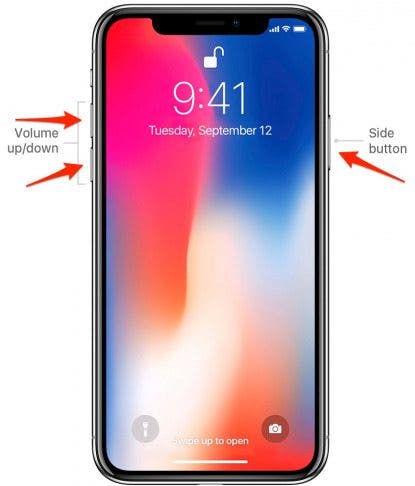 iPhone with arrows pointing to side and volume buttons