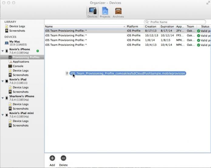 Add Provisioning File to Organizer