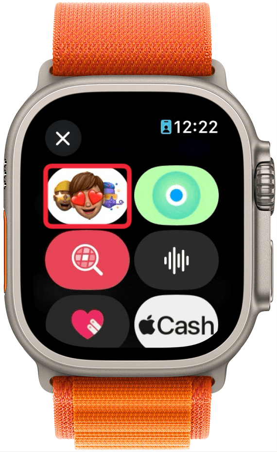 apple watch messages app displaying a list of imessage apps with a red box around memoji app