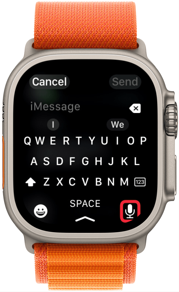 apple watch messages displaying keyboard with a red box around dictation icon
