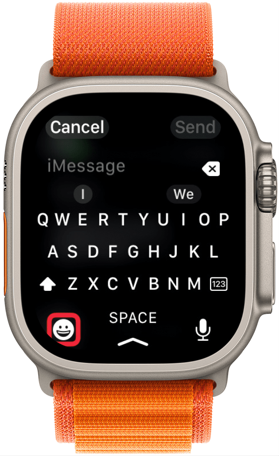 apple watch messages displaying keyboard with a red box around emoji icon 