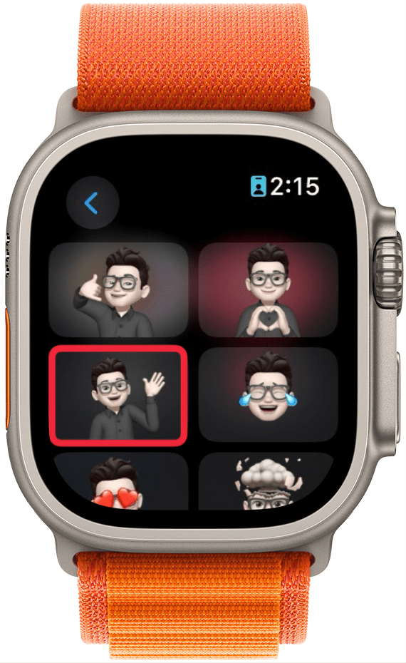 apple watch messages memoji app displaying a variety of memojis, with a red box around a waving memoji