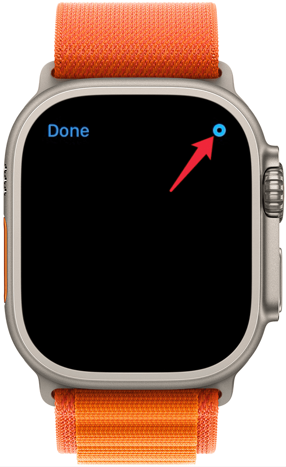 apple watch messages digital touch app with a red arrow pointing at a small blue circle in the upper right corner, where one can tap to change the color of the digital touch