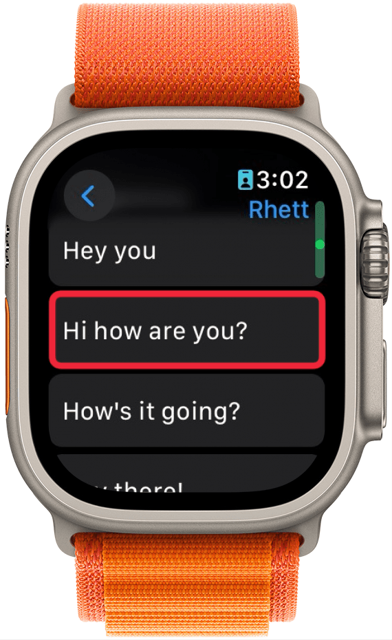 apple watch message conversation, displaying quick reply suggestions with a red box around a suggestion that reads, "Hi how are you?"