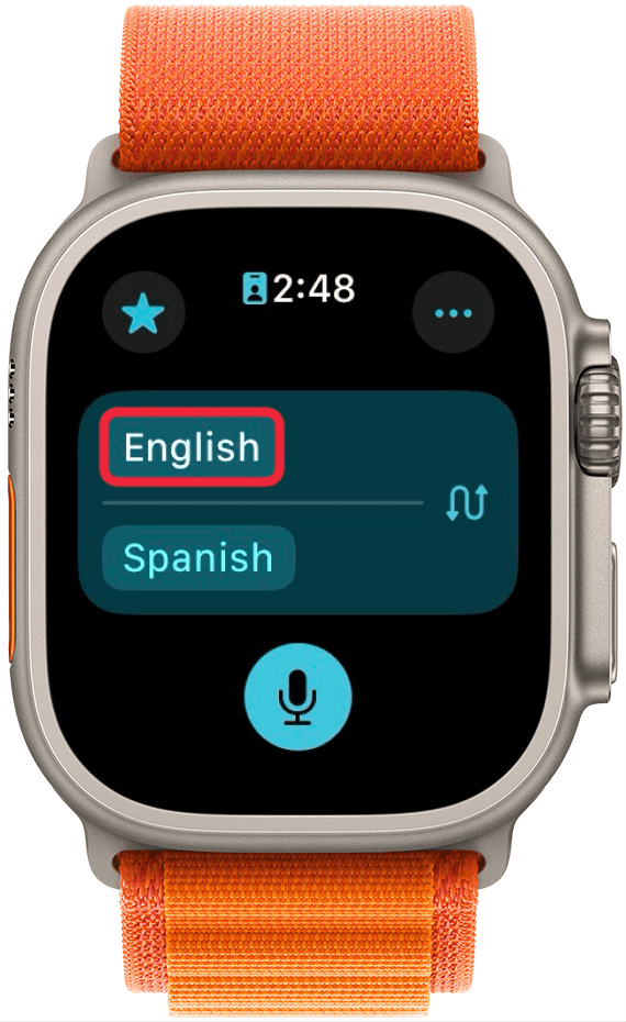 apple watch translate app with a red box around english