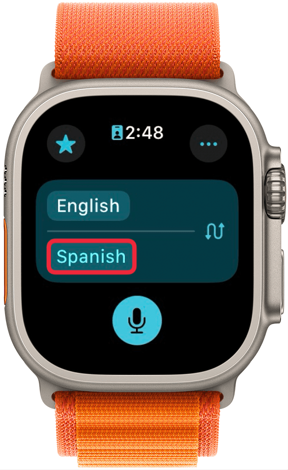 apple watch translate app with a red box around spanish