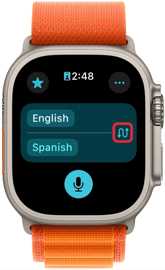 apple watch translate app with a red box around arrows to swap languages