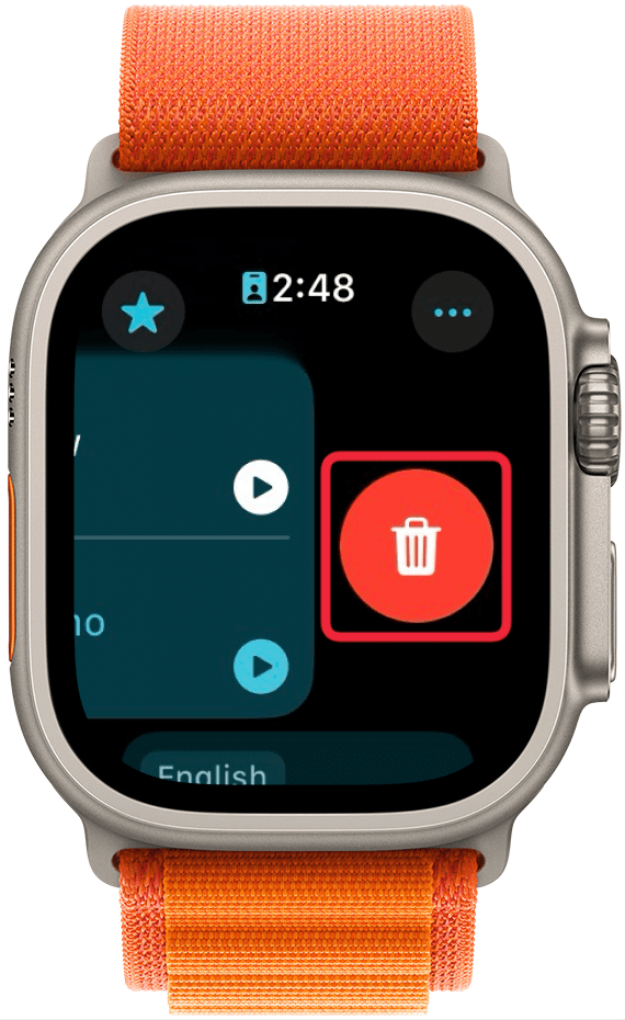 apple watch translate app with a red box around delete button