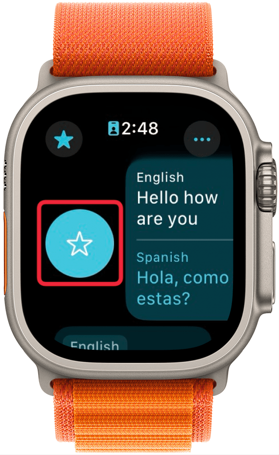 apple watch translate app with a red box around favorite button