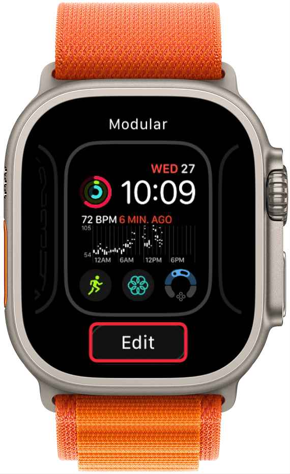 a screenshot of the apple watch face selection with a red box around the edit button