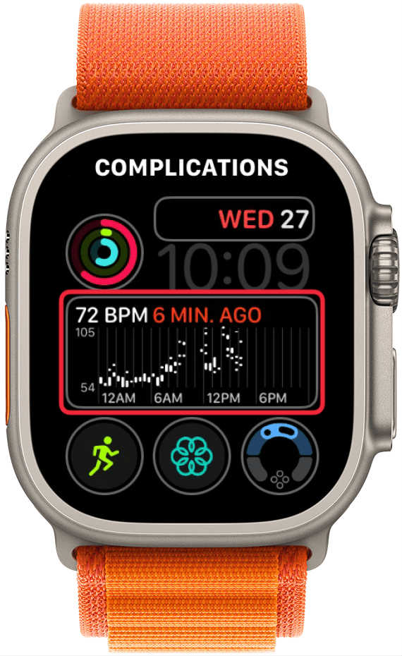 a screenshot of the apple watch face edit screen with a red box around the center complication
