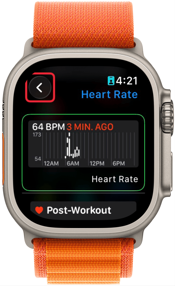 a screenshot of the complication selection screen on apple watch displaying the heart rate complication with a red box around the back button