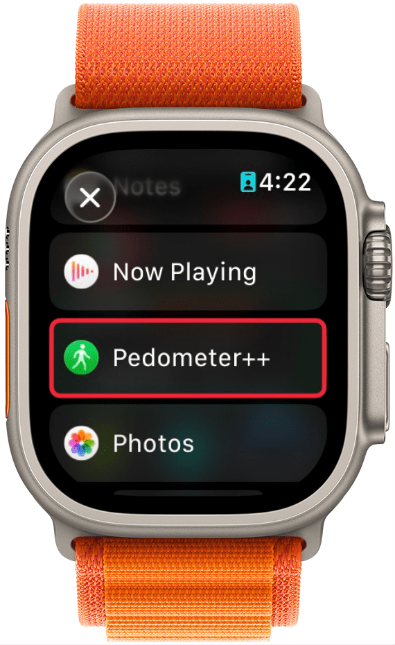 a screenshot of the complication selection screen on apple watch displaying a list of complications with a red box around pedometer++