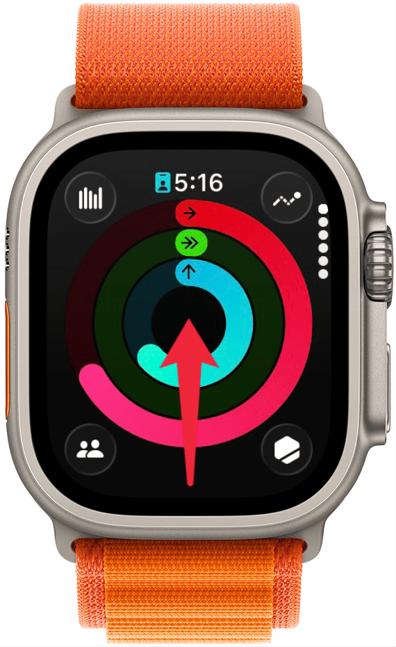 a screenshot of the activity app on apple watch with a red arrow point upward, indicating to swipe up