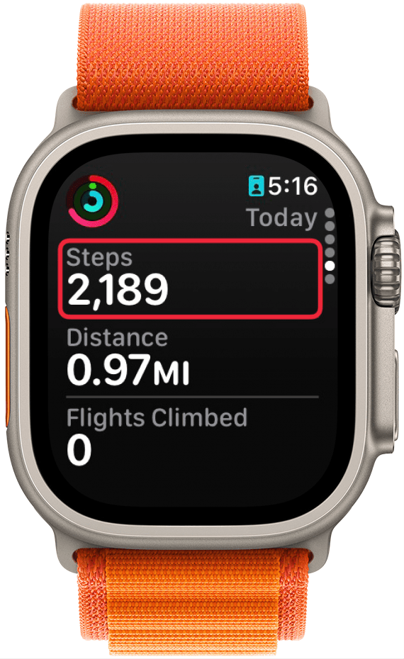 a screenshot of the steps page in the activity app on apple watch, with a red box around the number of steps taken