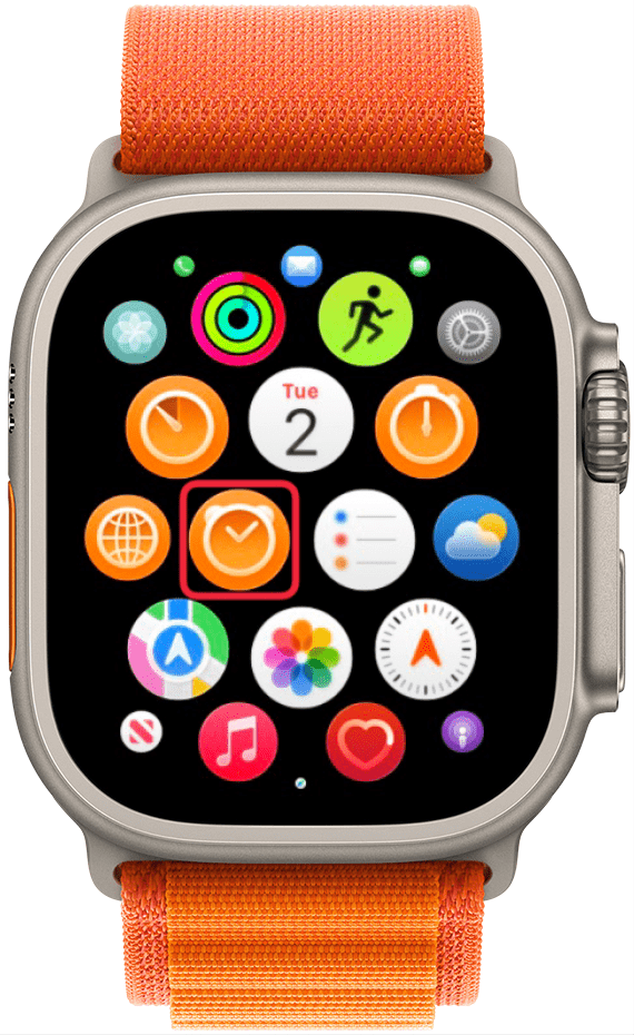 a screenshot of the apple watch app screen with a red box around the alarm app