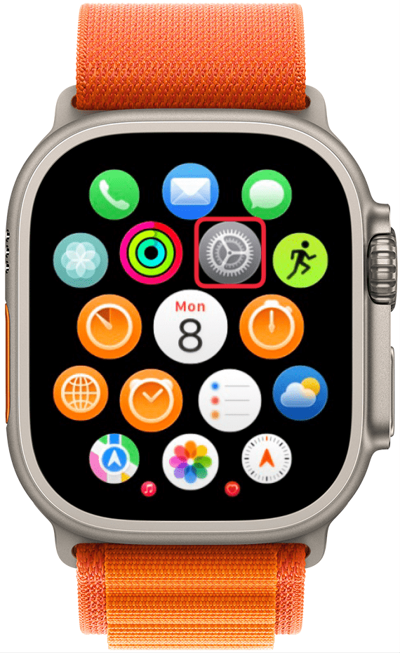 a screenshot of the apple watch app view with a red box around the settings app
