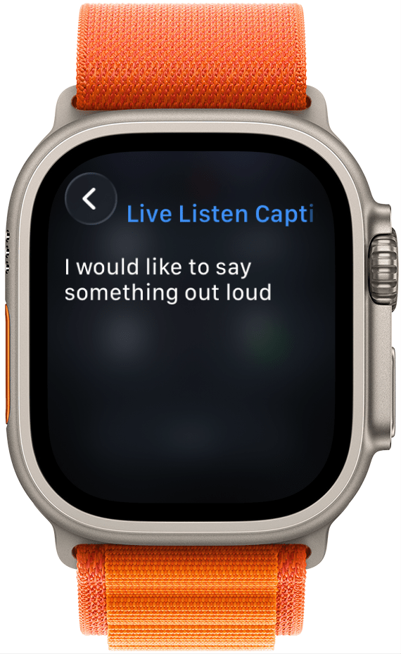 a screenshot of live listen captions menu on apple watch showing auto generated captions