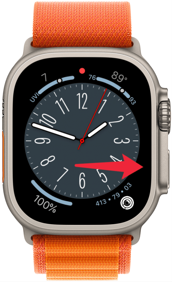 a screenshot of an apple watch with a red arrow pointing toward the side button