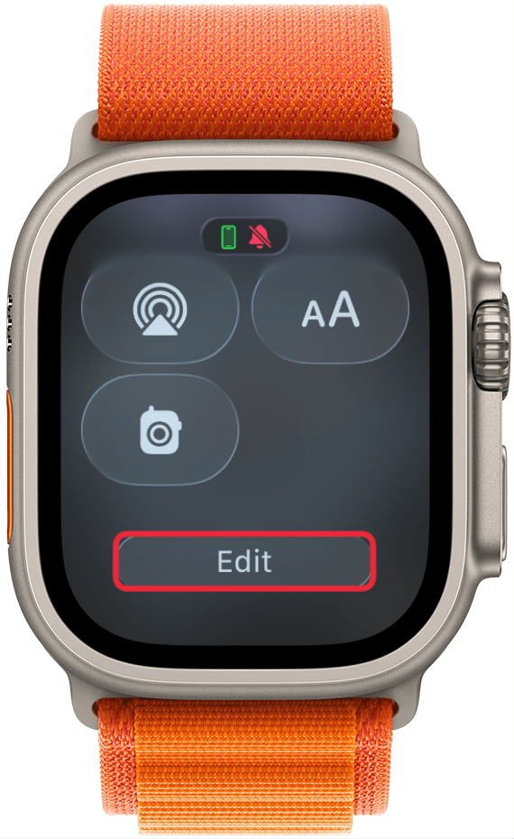 a screenshot of the control center on apple watch with a red box around the edit button