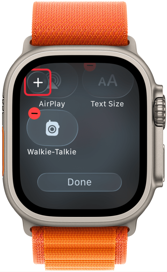 a screenshot of the control center on apple watch in edit mode with a red box around the plus icon