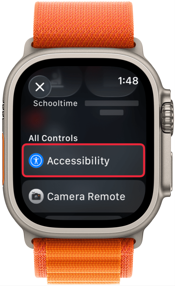 a screenshot of control center controls on apple watch with a red box around the accessibility category