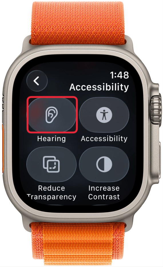 a screenshot of apple watch accessibility options for the control center with a red box around hearing
