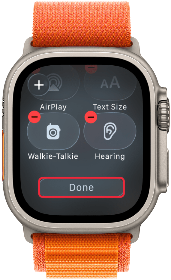 a screenshot of the control center on apple watch in edit mode with a red box around the done button