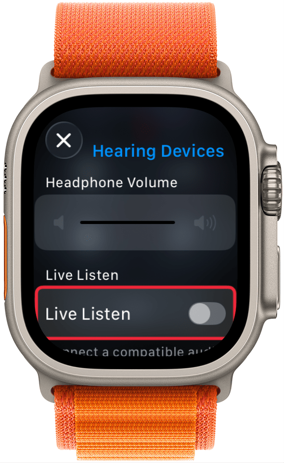 a screenshot of the hearing control center menu with a red box around the live listen toggle