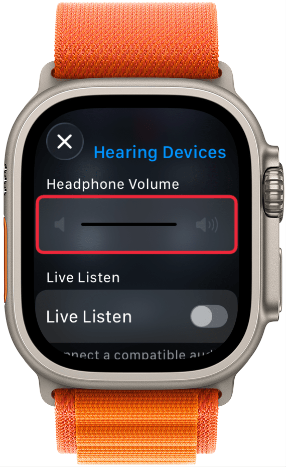 a screenshot of the hearing control center menu with a red box around the volume slider