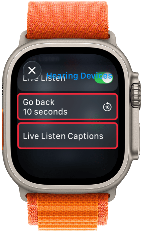 a screenshot of the hearing control center menu with a red box around the buttons for go back 10 seconds and live listen captions