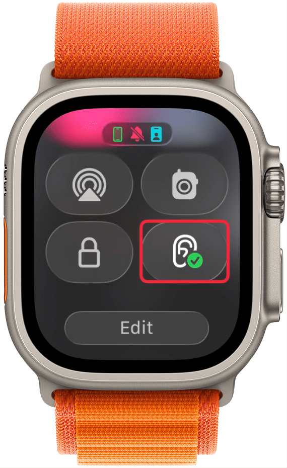 a screenshot of the control center on apple watch with a red box around the hearing button