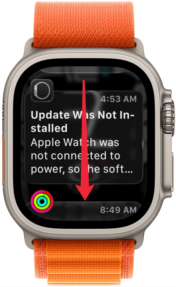 a screenshot of the notification list on apple watch with a red arrow pointing downwards, indicating for the user to swipe down