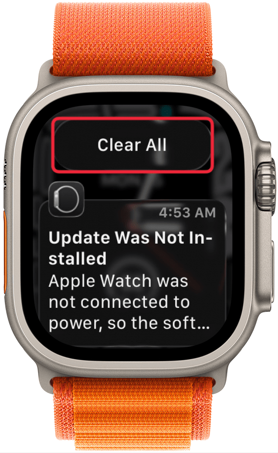 a screenshot of the notification list on apple watch with a red box around the clear all button