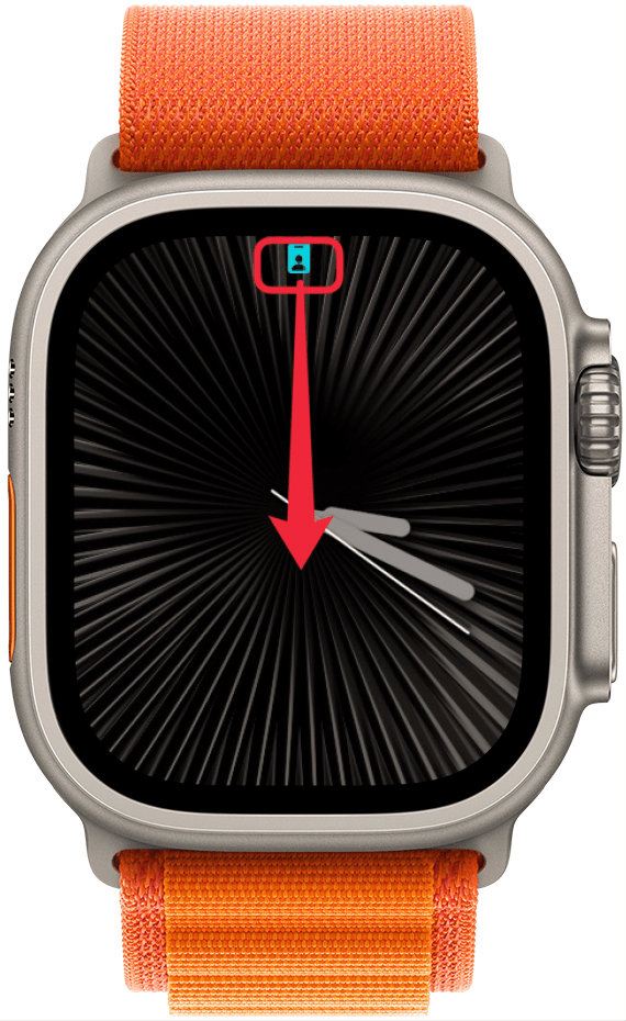 a screenshot of the watch face of an apple watch with a red box around the top part of the screen and a red arrow pointing downward, indicating for the user to swipe down from the top of the screen