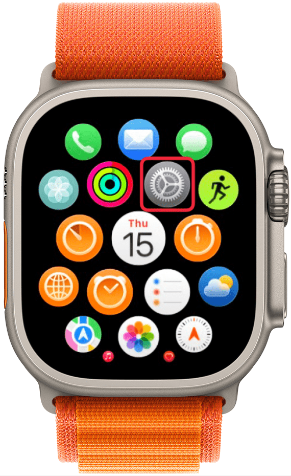 a screenshot of the app screen on an apple watch with a red box around the settings app