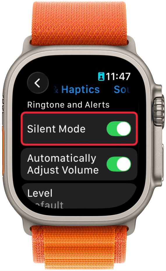 a screenshot of the sound settings on an apple watch with a red box around the silent mode toggle