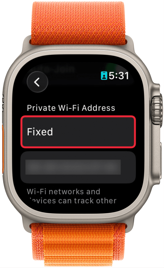 a screenshot of apple watch wi-fi settings with a red box around fixed under private wi-fi address
