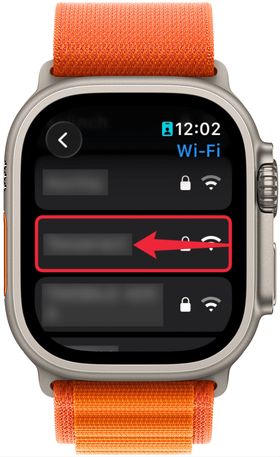 a screenshot of apple watch wi fi networks list with a red arrow pointing to the left, indicating to swipe left