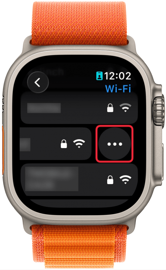 a screenshot of apple watch wi fi networks list with a red box around the three dot menu button
