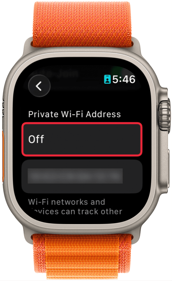 a screenshot of apple watch wi fi network settings with a red box around the off button under private wi-fi address