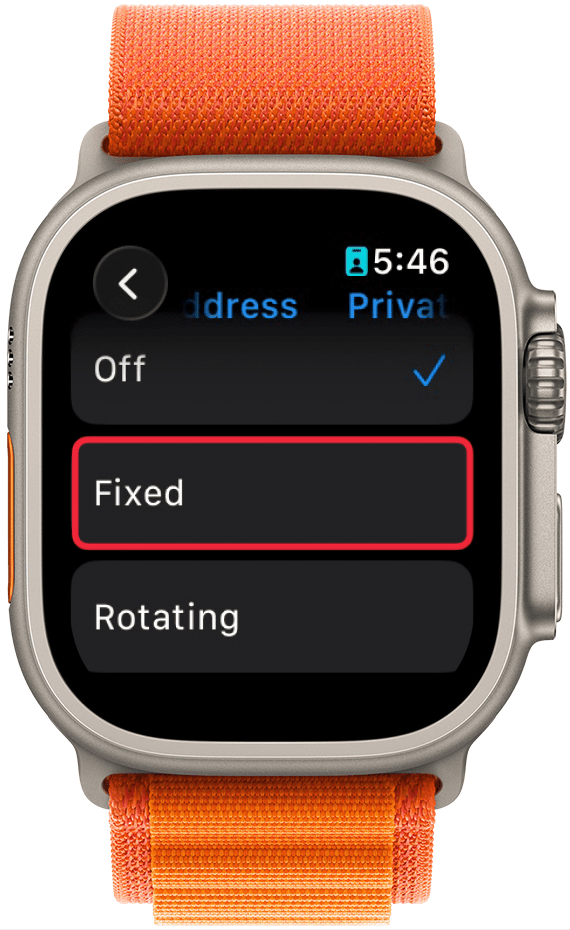 a screenshot of private wi-fi address settings on apple watch with a red box around fixed