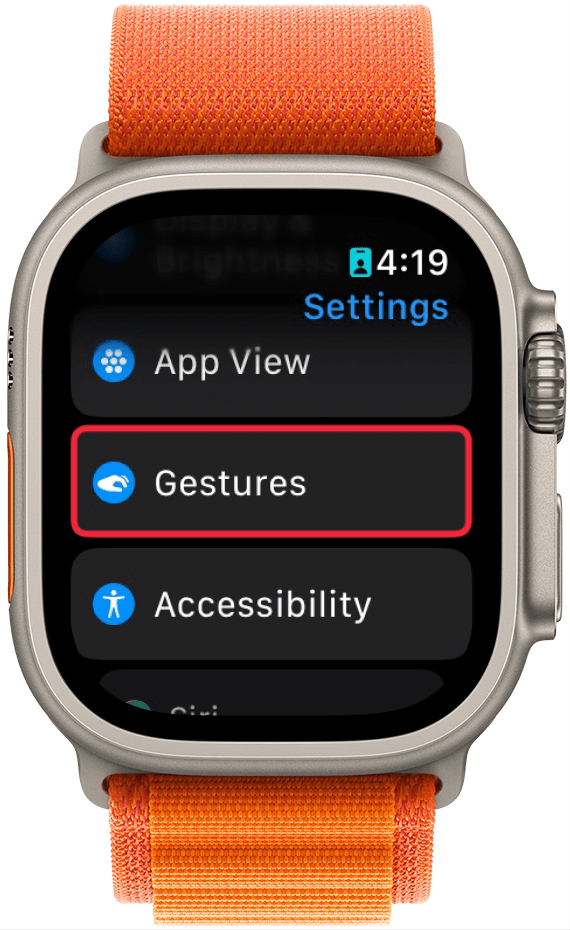 a screenshot of apple watch settings with a red box around gestures