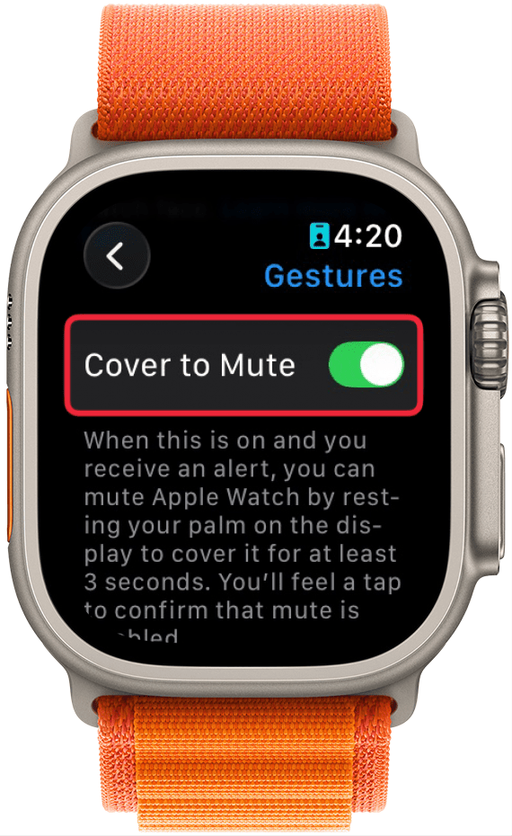 a screenshot of apple watch gesture settings with a red box around the cover to mute toggle