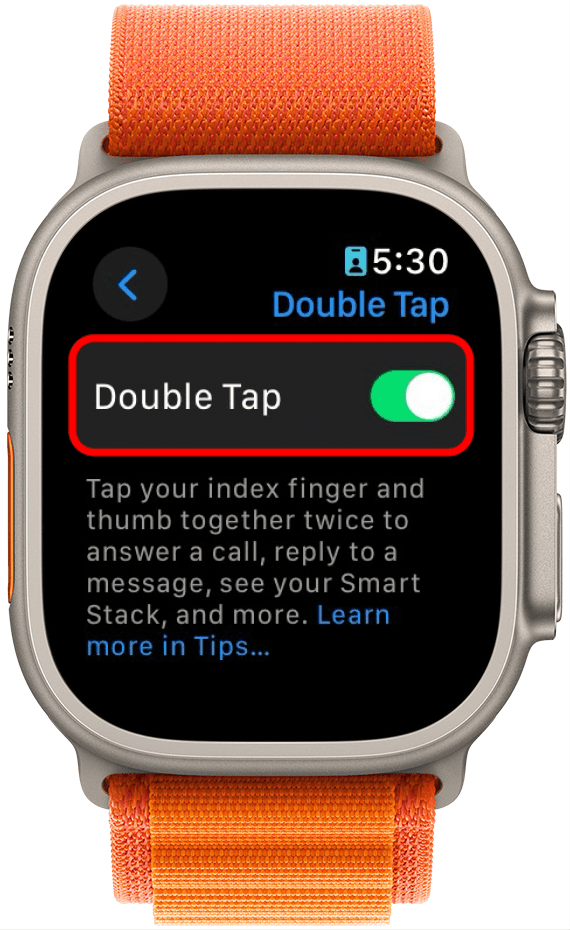 apple watch double tap settings with double tap toggle circled in red