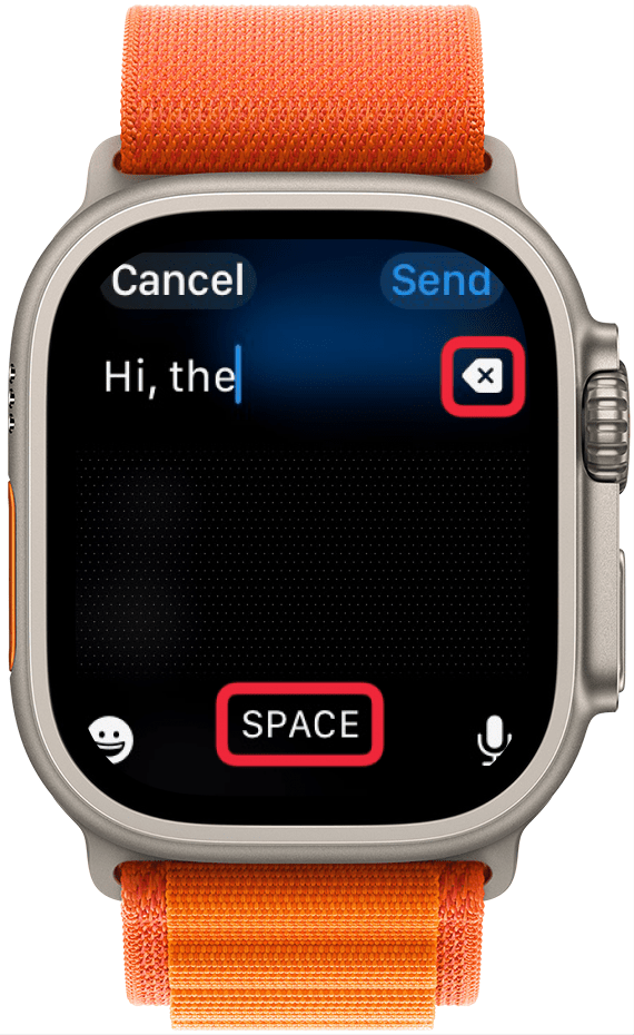 apple watch messages scribble screen with red boxes around backspace and space bar buttons